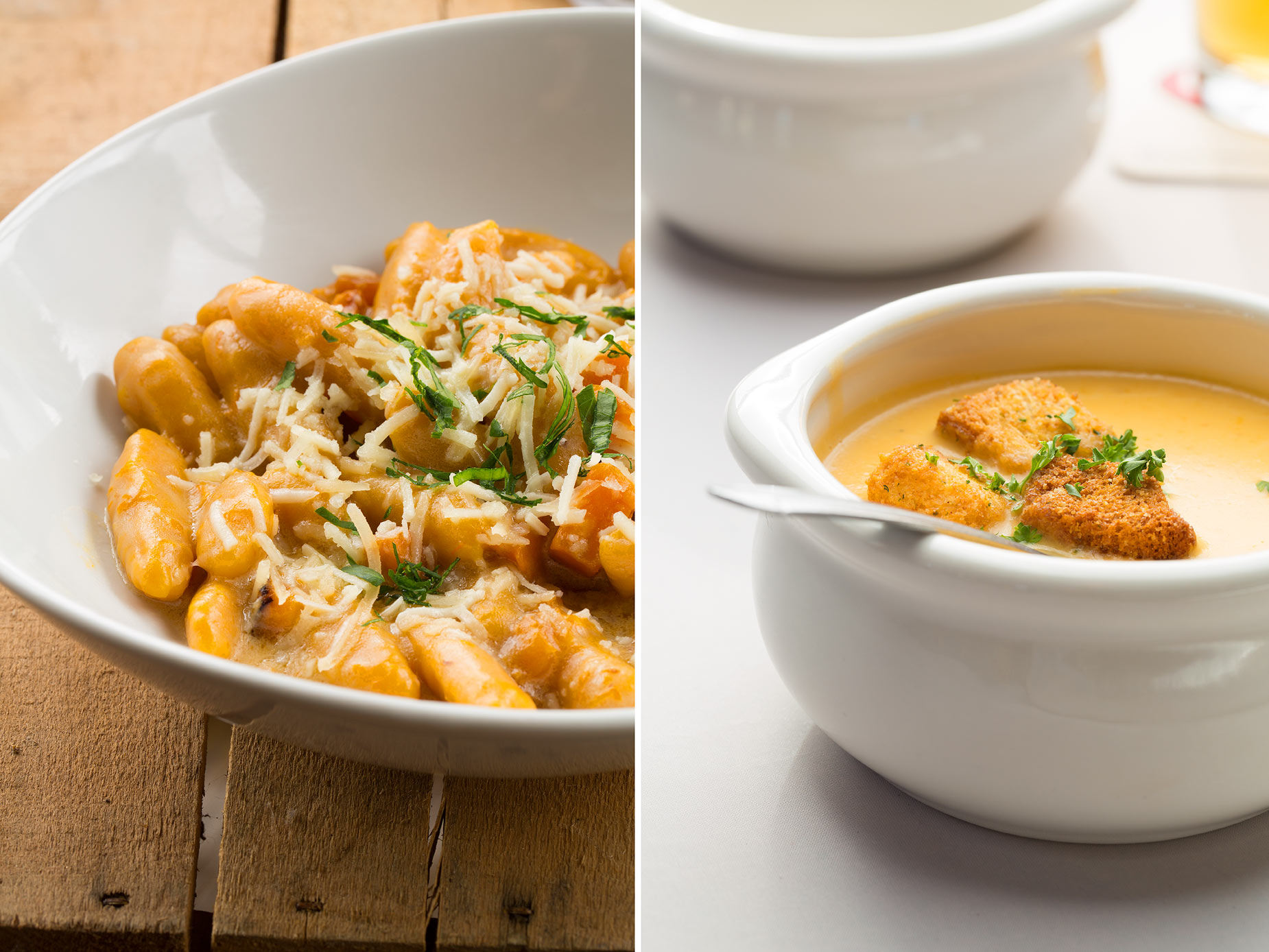 Butternut squash soup and gnocci food white bowl