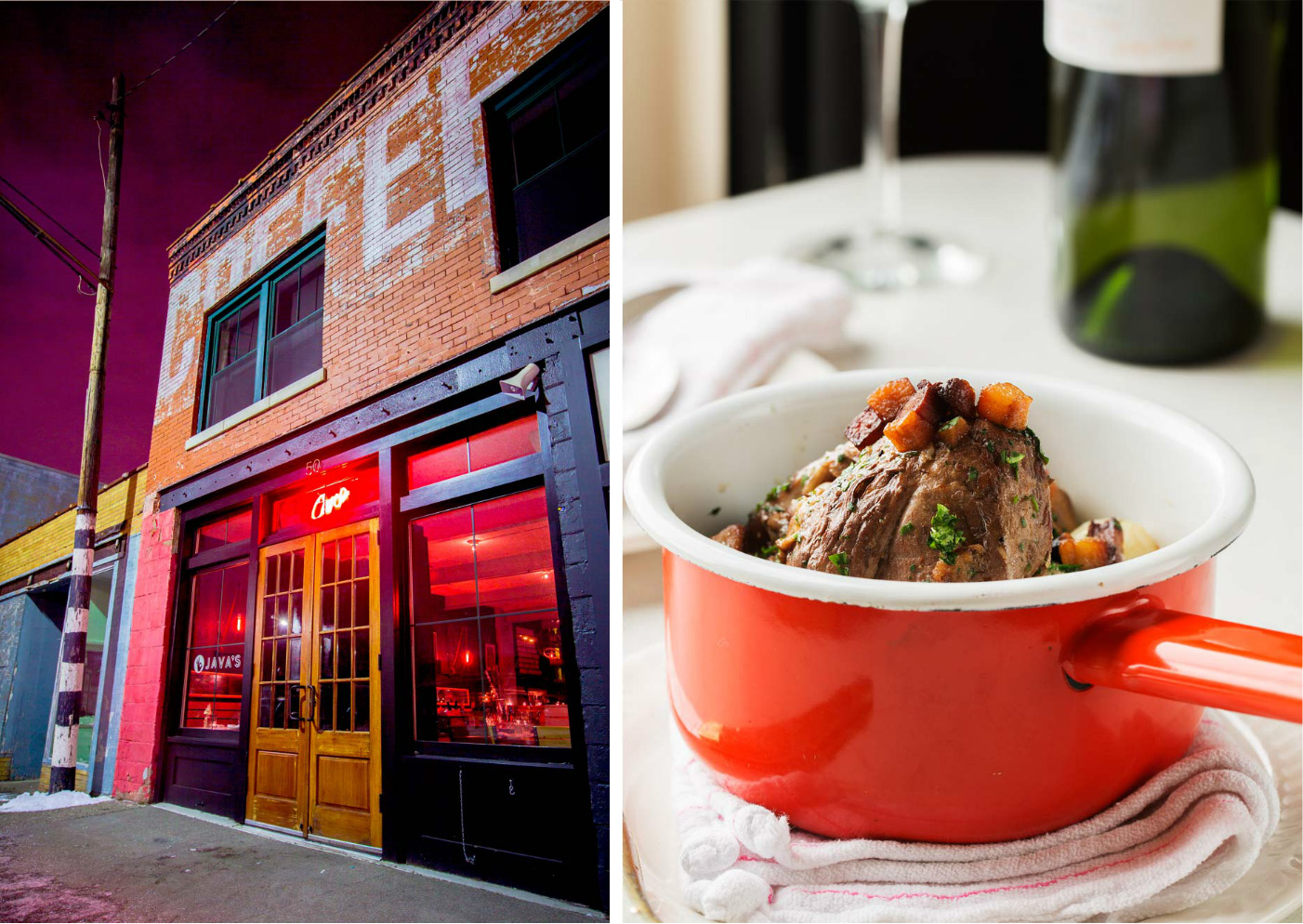 Cure restaurant exterior and Coq au vin in red bowl