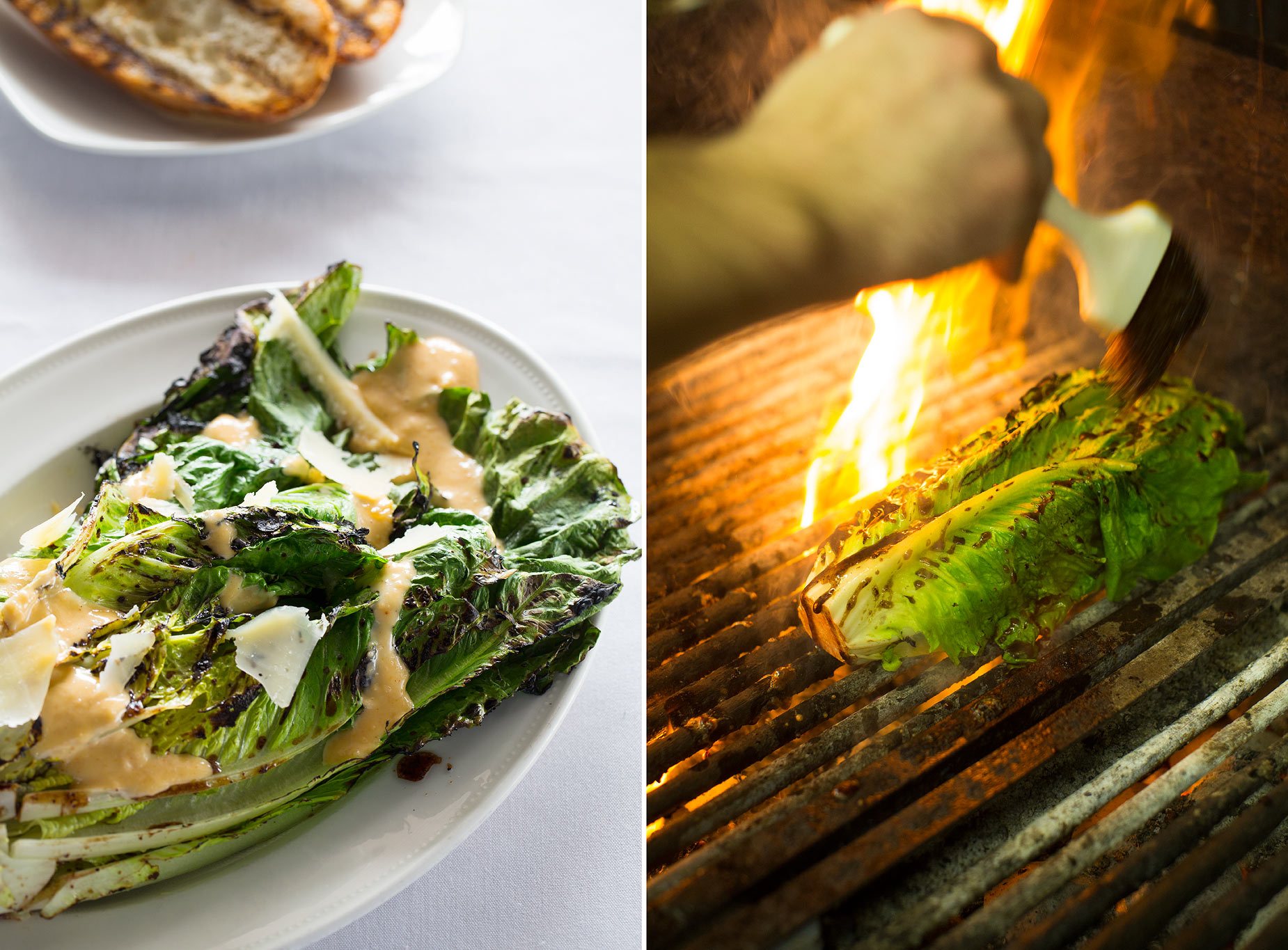 Romaine ceasar salad on a grill with flames 