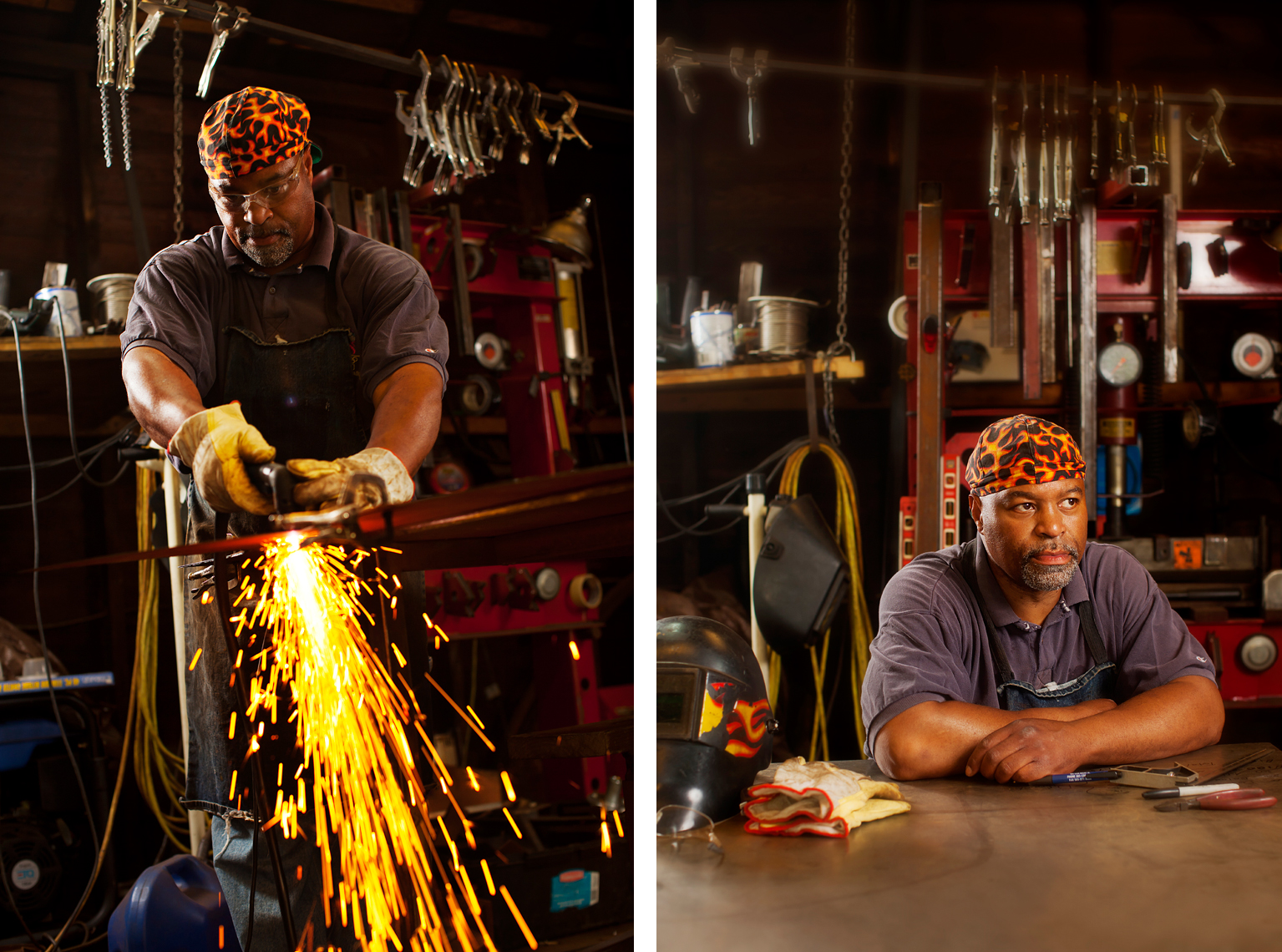 Male welder artist in Rochester New York with sparks flying