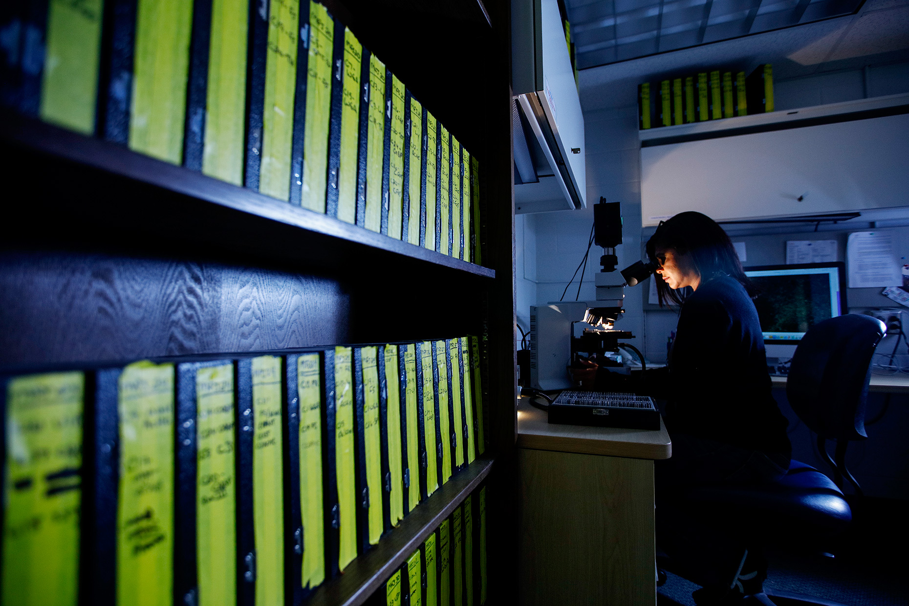University of Rochester Medical Center Researcher using a microscope in a lab