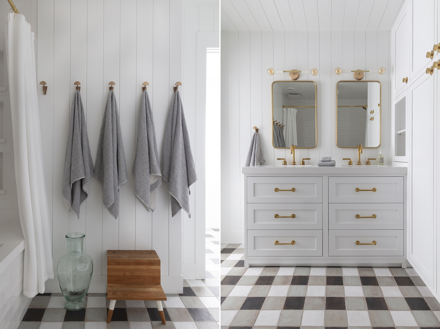 Scandanavian bathroom with checkered floor and gray towels