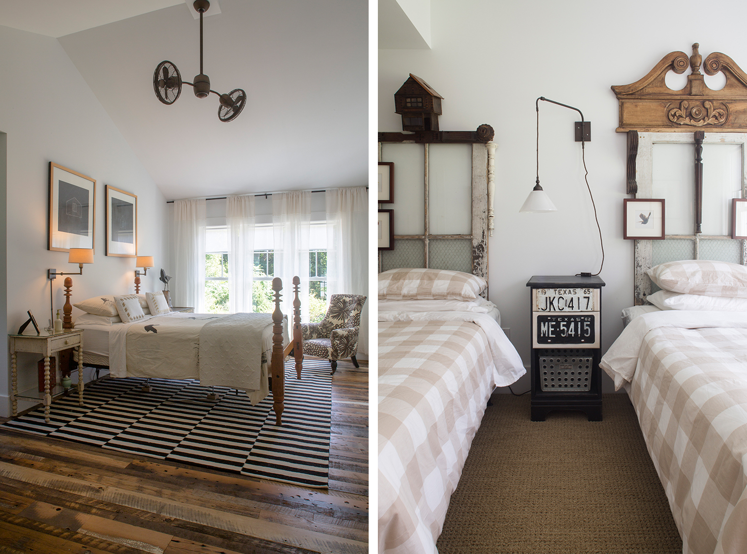 Reclaimed barnwood flooring and eclectic art inspired bedroom Rochester New York